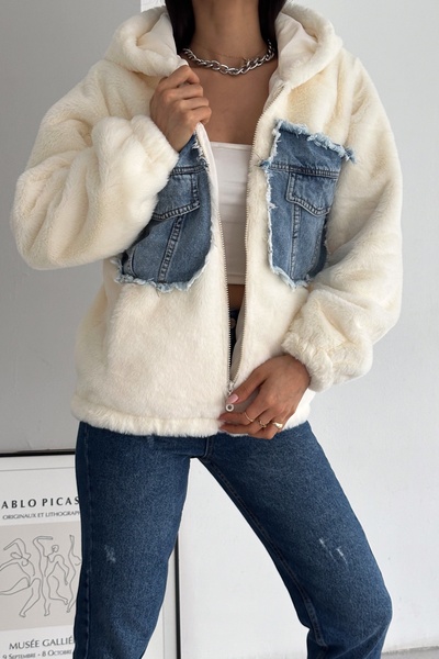 FEMELLE Women's Double Pocket Denim Detailed Lined Zipper Hooded Denim Fur Coat