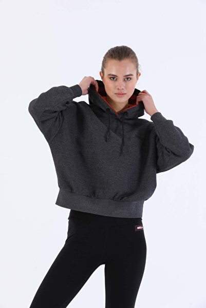 MARATON قصة فضفاضة سويت شيرت نسائي بغطاء رأس أسود ميلانج