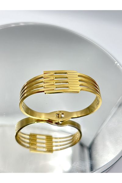 NikaŞ Stainless Steel Quadruple Rib Model Gold Color Handcuff Bracelet