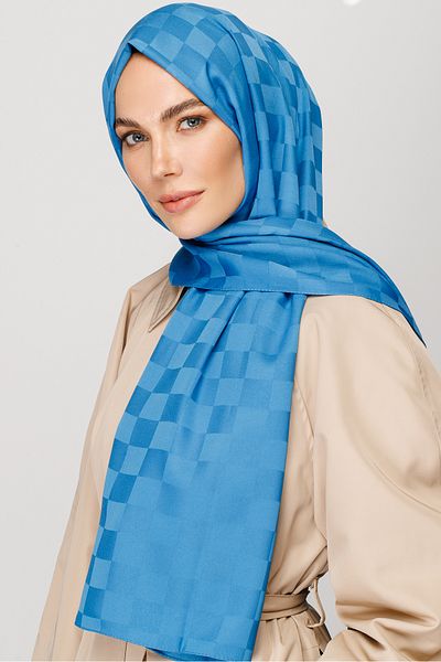 Mooncorn Şal Jacquard mătăsos cu model de tablă de șah albastru
