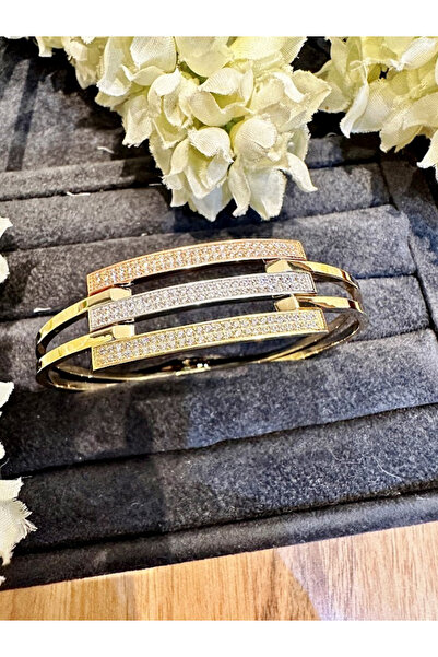 Adel Gold 14 Ayar Üç Sıra Taşlı Kaburga Kelepçe Kadın Bilezik-10,20 gr