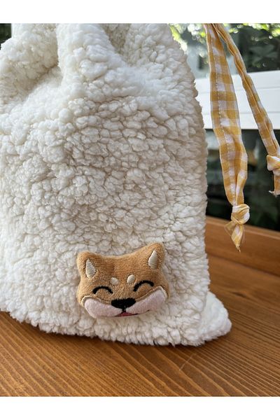 Sumicorn Design Cute Plush Dog Gingham Lined Drawstring Organizer Pouch Makeup Bag Cloth Bag