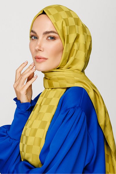 Mooncorn Σάλι Μεταξένιο Ζακάρ με μοτίβο σκακιέρας Oliv Green