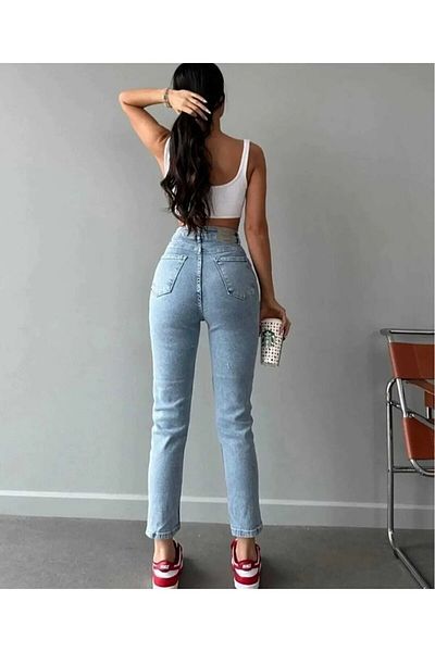 MAKRAS EXCLUSIVE Blugi mom drepți, albaștri, în lycra, cu talie înaltă, Zero Max (cumpărați cu o mărime mai mare)