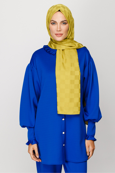 Mooncorn Σάλι Μεταξένιο Ζακάρ με μοτίβο σκακιέρας Oliv Green