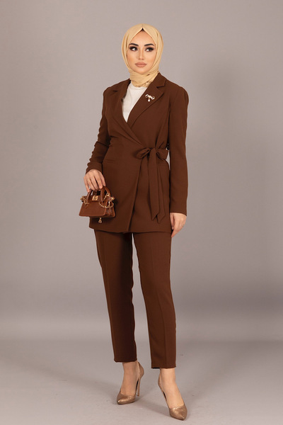 Stilife Ceketi Yandan Bağlamalı Pantolon Takım Kahve