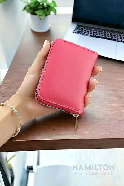 HAMILTON Original Women's Card Holder Pink Wallet with Coin Compartment Zippered Soft Leather Stylish Mini Card Holder