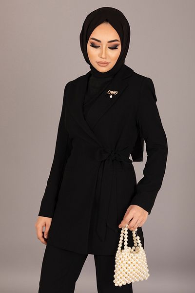 Stilife طقم بنطلون جاكيت برباط جانبي أسود