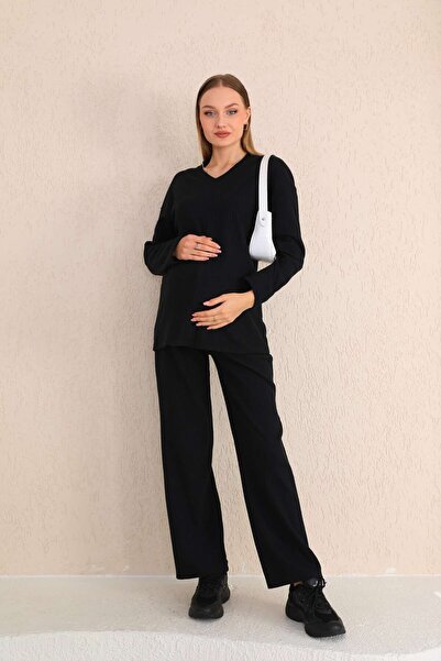 Miss Dünya Lissa Siyah V yaka Yumoş Kumaş Hamile Eşofman Takımı