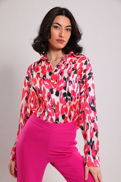 GÜLSELİ Fuchsia Satin Oversize Shirt - Single Pocket and Patterned