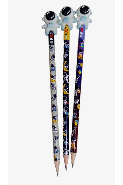 sevgi kırtasiye Galaxy Themed 3-Piece Pencil Set with Astronaut Heads as a Gift
