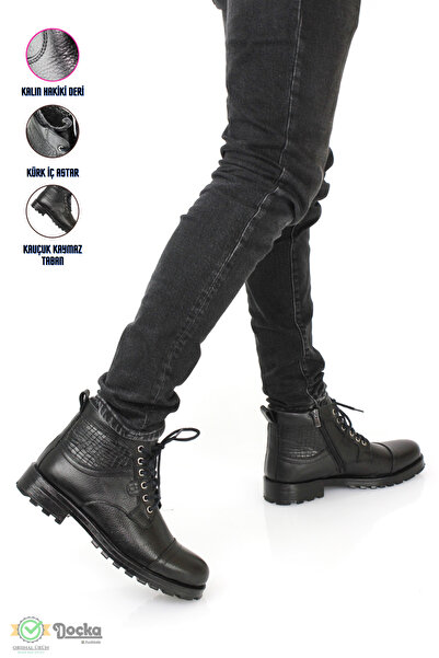 DOCKA Erkek Hakiki Deri Fermuarlı Kürk Astarlı Klasik Tarz Günlük Bot