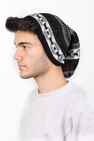 toptanhanem Stylish Kilim Pattern Gathered Men's Wool Beret Brown