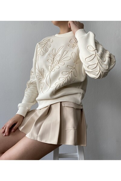 minaaise 26071 Model Ecru vyšívaná krátká mikina