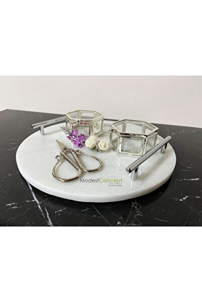 Modestmar Doğal Beyaz Mermer Nişan / Söz Tepsisi Yuvarlak - Gümüş Yüzük Kutul...