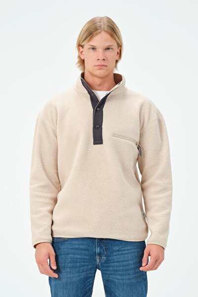 KNUP Hanorac pentru bărbați, bej, cu jumătate de fermoar, cu aspect de lână a...