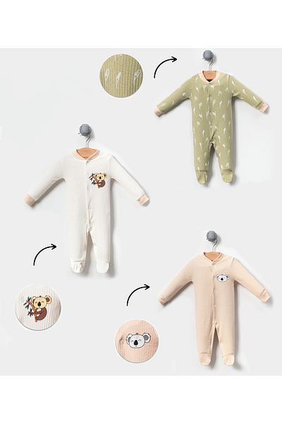Bubito 3-Piece Baby Rompers Set with Koala Image Gray White