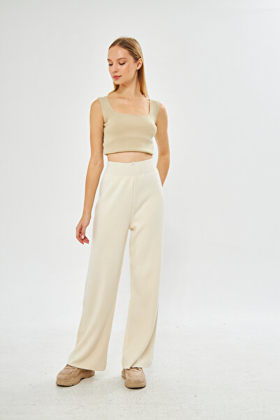 AS Anita Store Krem Wide Leg Bol Paça Beli Lastikli Triko Pantolon