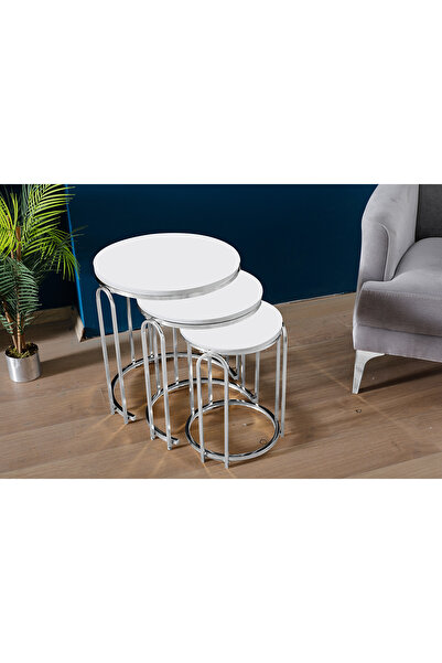 SEDAŞ LIVING UNITS 3' LÜ BEYAZ AHŞAP NİKEL (GÜMÜŞ) AYAK LENKA METAL SEHPA