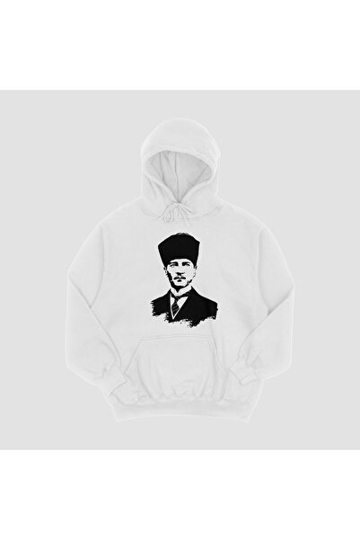 FECCY Unisex Λευκό φούτερ με κουκούλα με στάμπα Ατατούρκ, Oversize