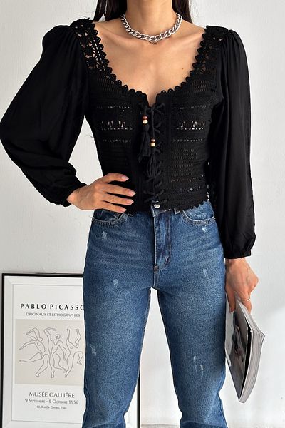 FEMELLE Bluză scurtă tricotată neagră de damă
