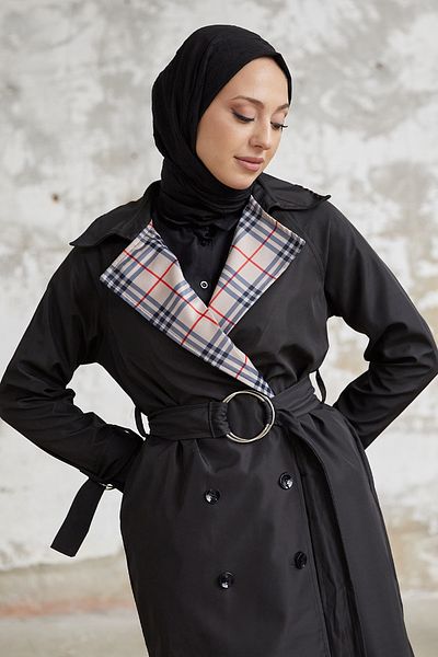 InStyle Eleta Double Breasted Collar Plaid Trench Coat - Black