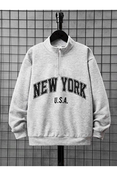 LOUİSA Men's GRAY Half Zipper NEW YORK U.S.A Printed High Collar Sweater