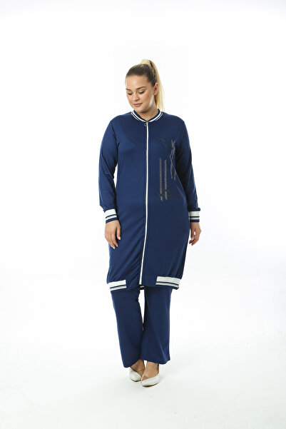 XL Modam WOMEN'S SHARP SIZE SLEEVE AND SKIRT STRIPED STONE PRINTED TWO IP CRYSTAL NAVY BLUE SET