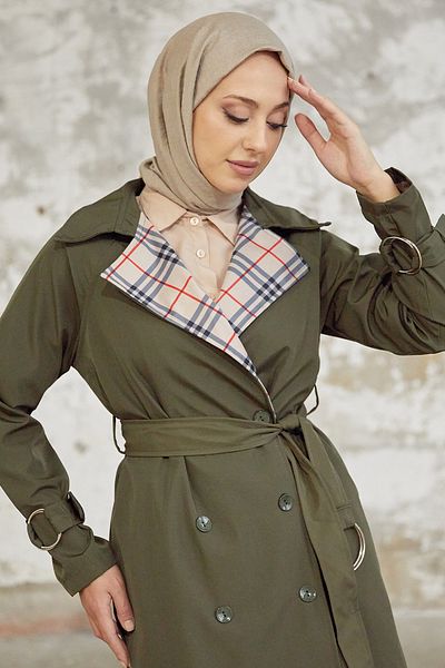 InStyle Eleta Double Breasted Collar Plaid Trench Coat - Khaki