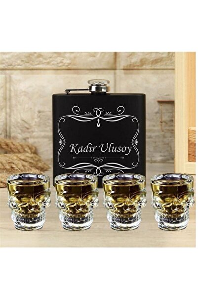 Hediye Vakti Kişiye Özel Cep Matarası ve 4'lü Kuru Kafa Shot Bardak Seti