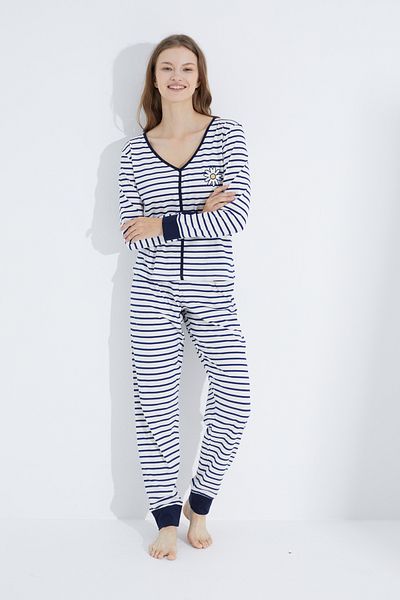Siyah İnci Navy blue and white striped Embroidered Jogger Knitted Pajama Set