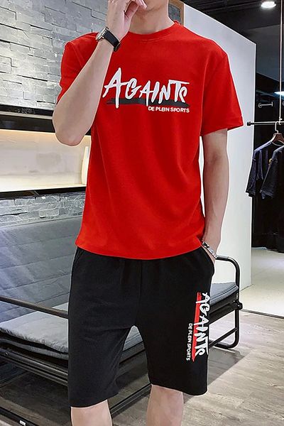 DE PLEIN Againts Printed Black-Red Men's Bermuda Tracksuit Set