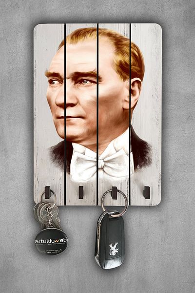 beedene Atatürk Wooden White Decorative Painting - Modern Home Key Holder Key Hanger