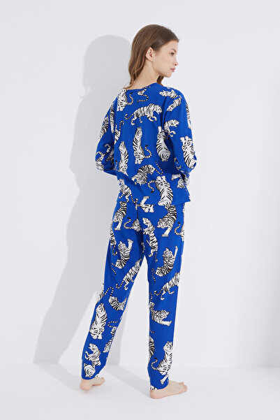 Siyah İnci Saks Tiger Jogger Knitted Pajama Set