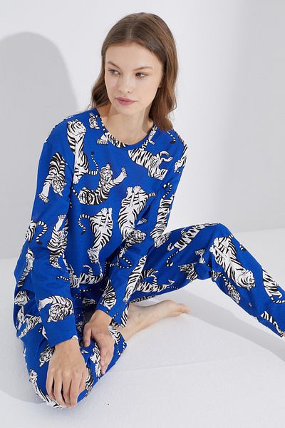 Siyah İnci Saks Tiger Jogger Knitted Pajama Set