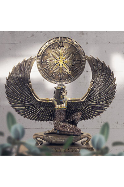 maketistan Veronese Antik Mısır İsis Figürlü Masa Saati, Bronz ve Renkli El Boyaması, 45x12x38 cm