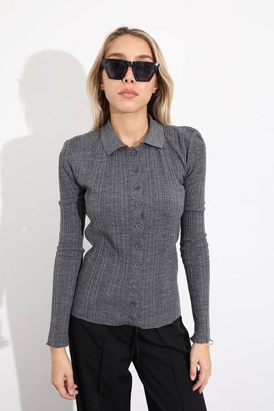 Laluvia Anthracite Polo Collar Buttoned Knitted Cardigan