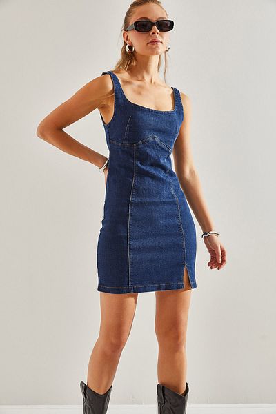 Bianco Lucci Women's Strappy Slit Denim Dress