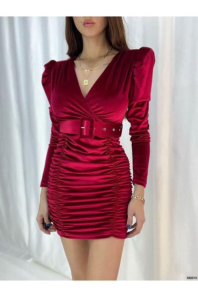 rengafashion Rochie de damă din țesătură din catifea cu guler dublu cu detaliu cu șnur (culoare)