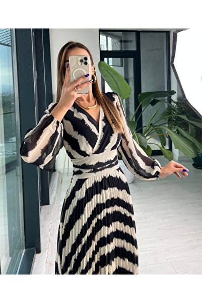 dml giyim Multi Şifon İnce Piliseli Astarlı Tasarım Elbise