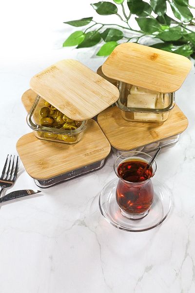 Asey Home Ms Morry Bamboo Vacuumed Lid 4-Piece Rectangular BorCam Storage Container for Breakfast
