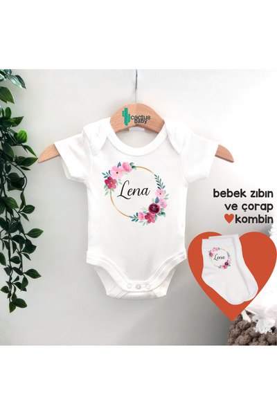 CACTUS COLLECTION İSME ÖZEL İSİM YAZILI BEBEK ZIBIN VE ÇORAP KOMBİN SET 3