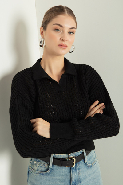Lafaba Women's Black Polo Neck Openwork/Hole Knitwear Sweater