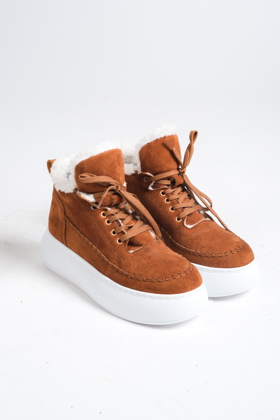 Moda Değirmeni Taba Süet Kadın İçi Kürklü Bilekli Sneaker BG1172-101-0006