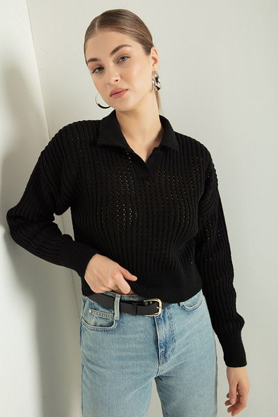 Lafaba Women's Black Polo Neck Openwork/Hole Knitwear Sweater