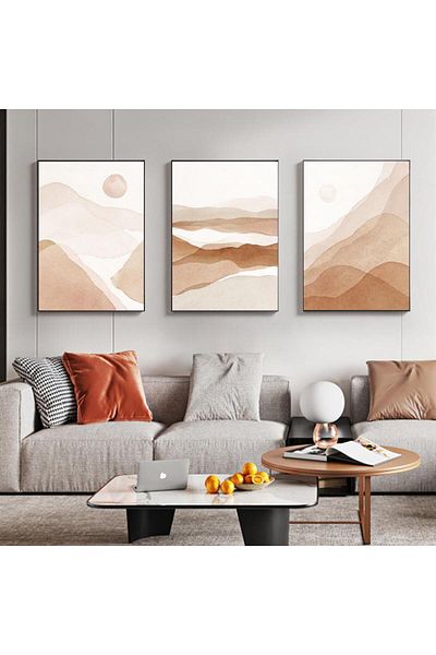 Linacci Set of 3 Black Thin Framed Abstract Brown Mountains Metal Glass Painting