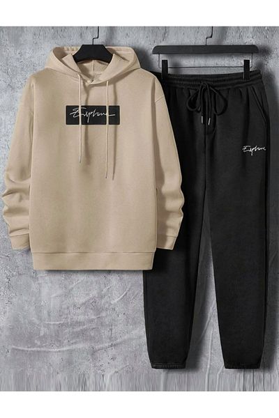 Sky Light Men's Black Exphome Printed Beige Hooded Sweatshirt - Jogger bottom Set