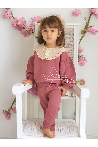 VEGAMOD Girl's Collar Lace Detailed Balloon Sleeve Very Stylish Vintage Top and Bottom Set 2-3-4-5 YEARS