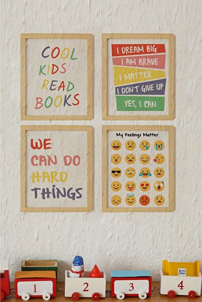 Ayışığı Dizayn Dječja soba Set od 4 slika u prirodnom drvenom okviru