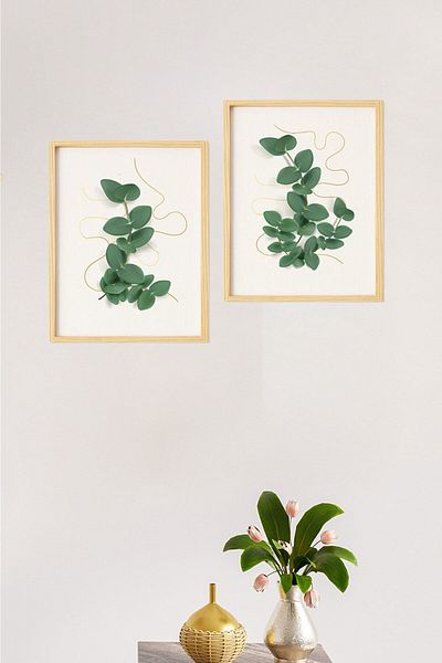 Ayışığı Dizayn Set de 2 picturi cu ramă din lemn natural cu frunze botanice boeme și scandinave